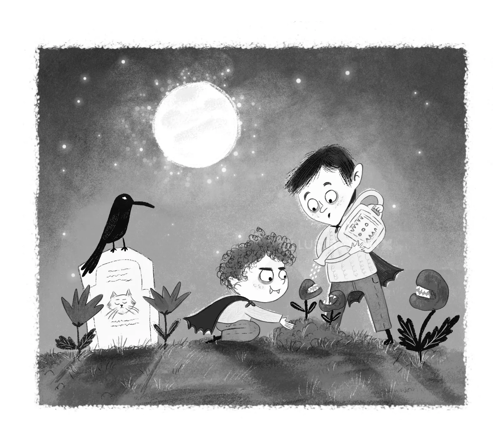Dalia Awad illustration of children exploring beside a gravestone under a full moon