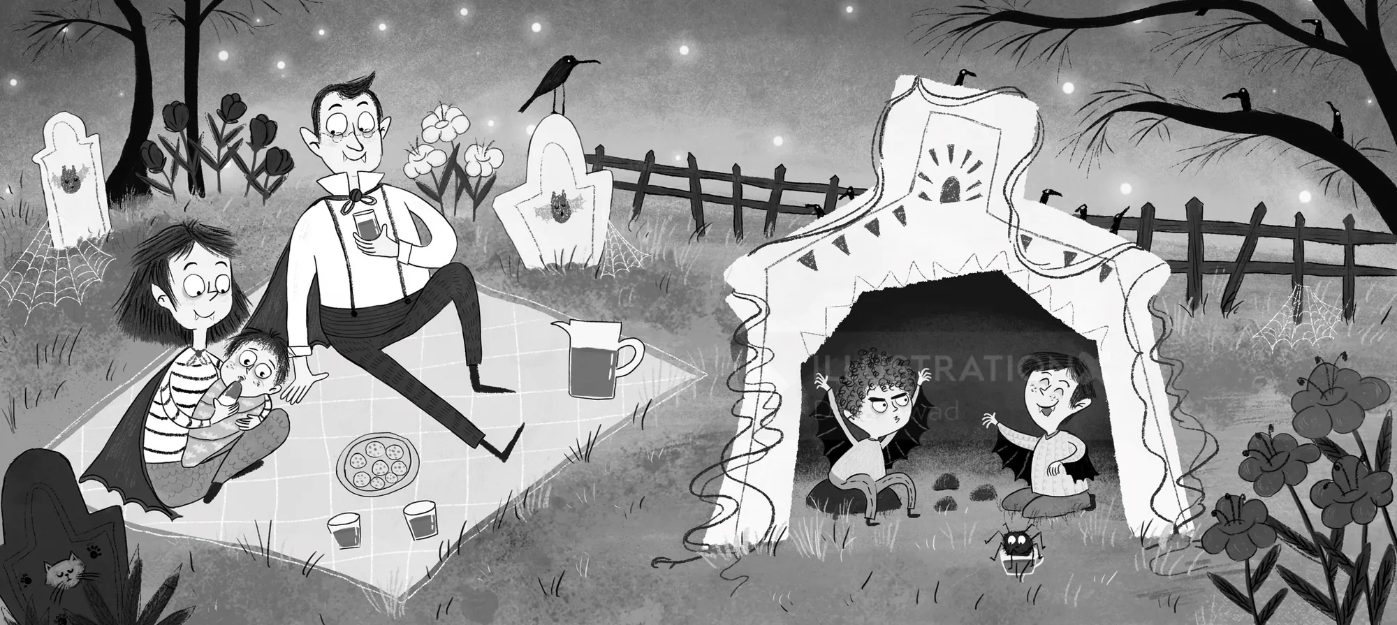 Spooky graveyard picnic scene illustrated by Dalia Awad, with children, ghosts, bats, and a haunted 