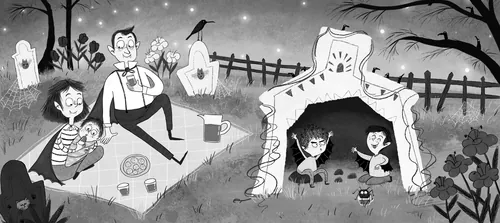 Spooky graveyard picnic scene illustrated by Dalia Awad, with children, ghosts, bats, and a haunted 