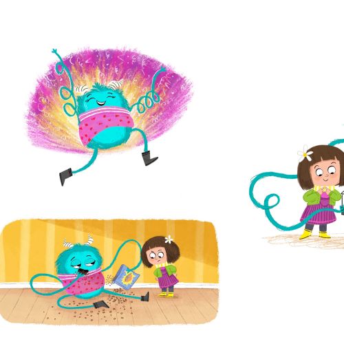 Illustration by Dalia Awad showing a child with two colorful turquoise cartoon creatures.