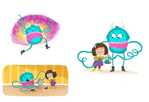 Illustration by Dalia Awad showing a child with two colorful turquoise cartoon creatures.