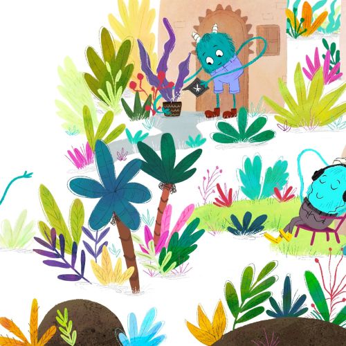 Whimsical garden scene with child and colorful creatures, illustrated by Dalia Awad