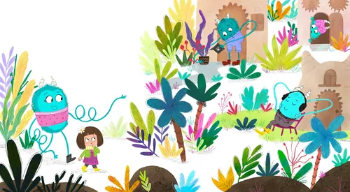 Whimsical garden scene with child and colorful creatures, illustrated by Dalia Awad