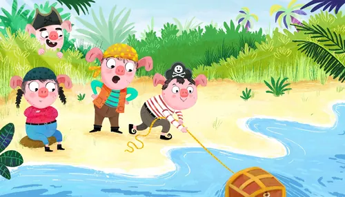 Dalia Awad ilustração de três crianças vestidas de piratas explorando uma praia com água azul.