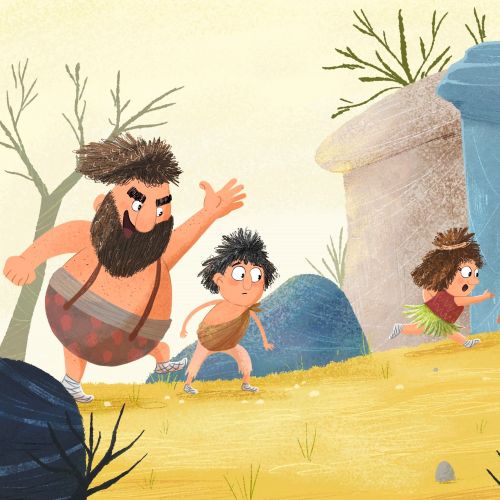 Dalia Awad illustration of a bearded prehistoric man and children near a blue shelter