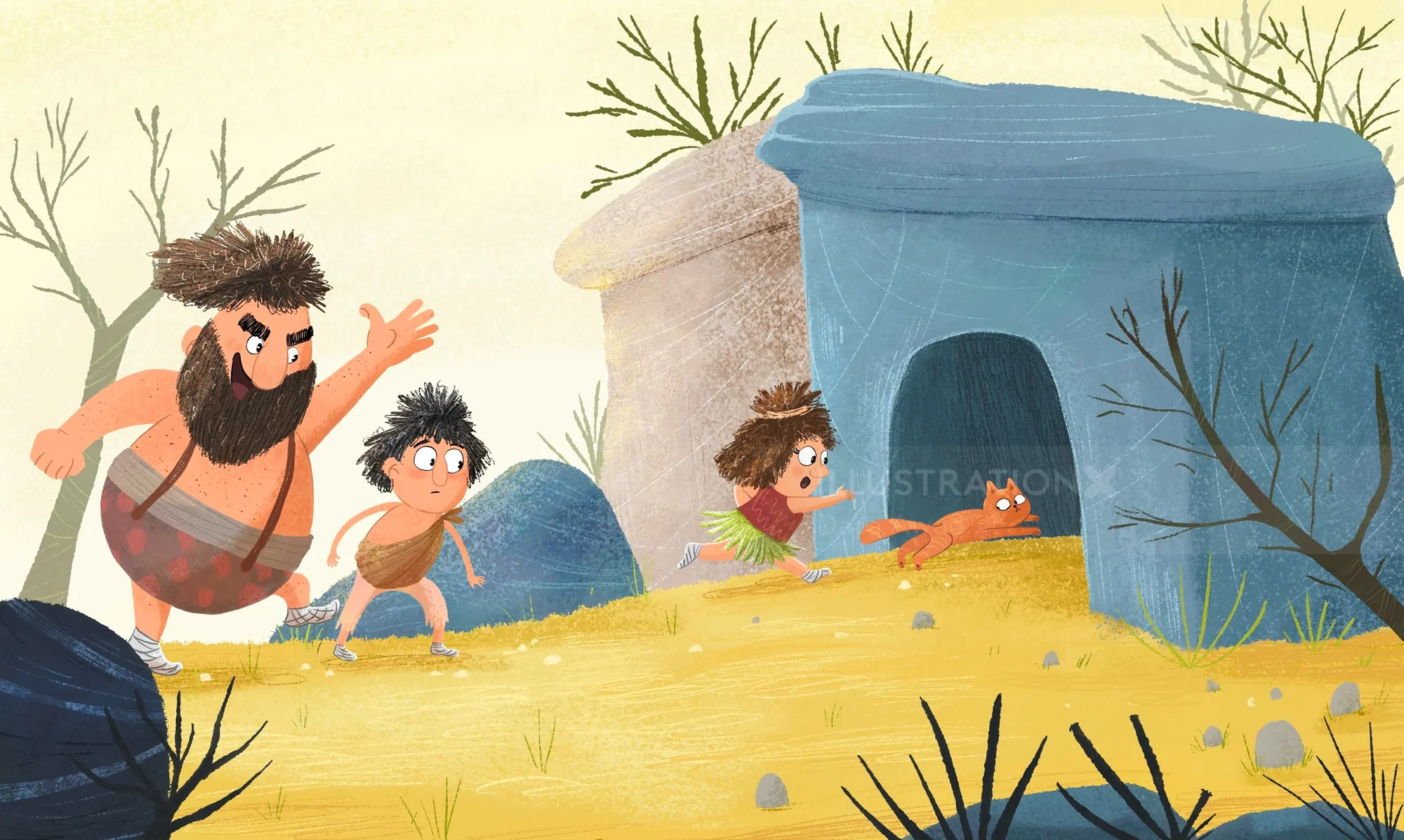 Dalia Awad illustration of a bearded prehistoric man and children near a blue shelter