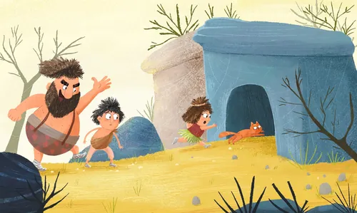 Dalia Awad illustration of a bearded prehistoric man and children near a blue shelter