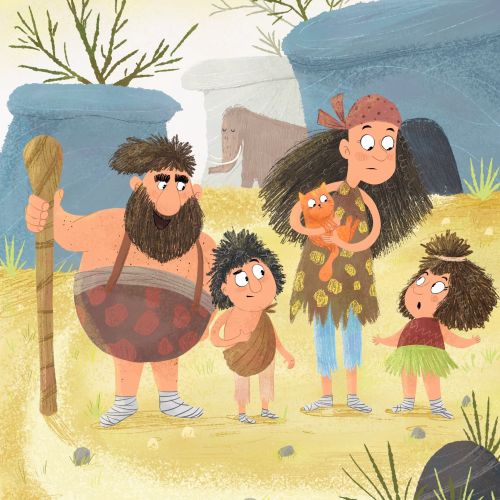 Dalia Awad illustration of a prehistoric family outside caves