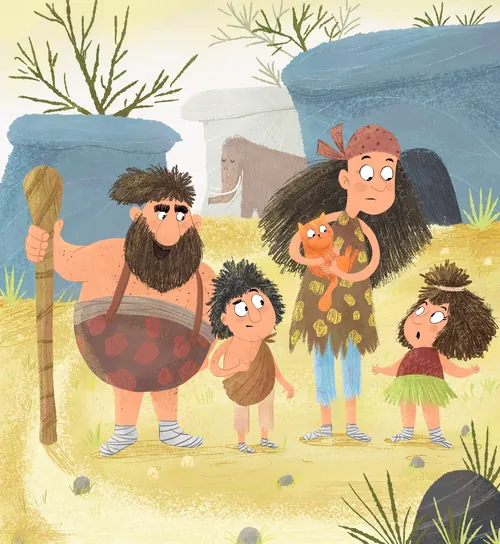 Dalia Awad Illustration einer prähistorischen Familie außerhalb von Höhlen