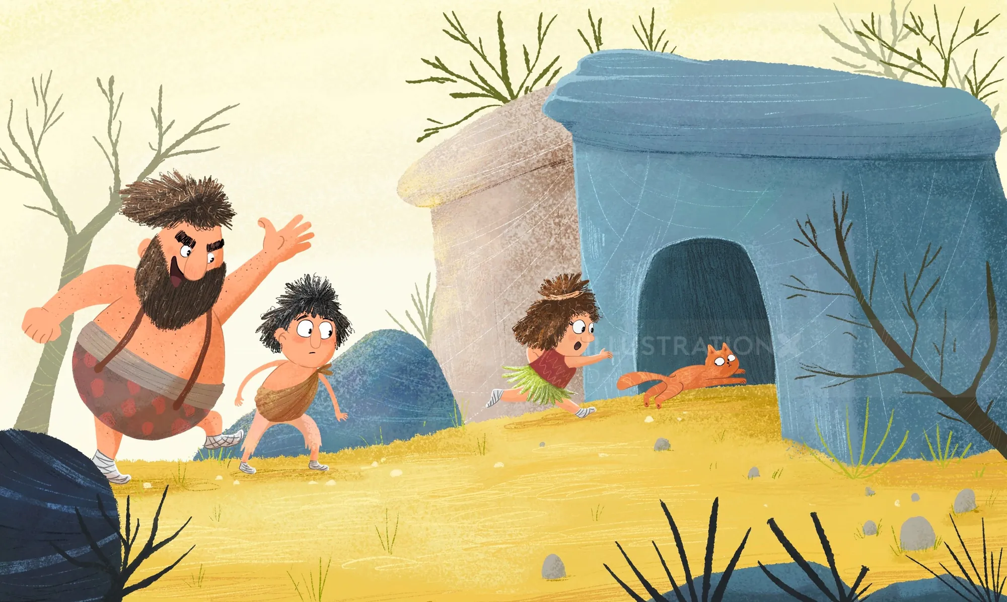 Ilustración del Dalia Awad de personas prehistóricas junto a un gran refugio azul en un paisaje arenoso.