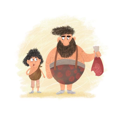 Dalia Awad illustration of a shaggy caveman and child carrying a club
