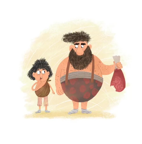 Dalia Awad illustration of a shaggy caveman and child carrying a club