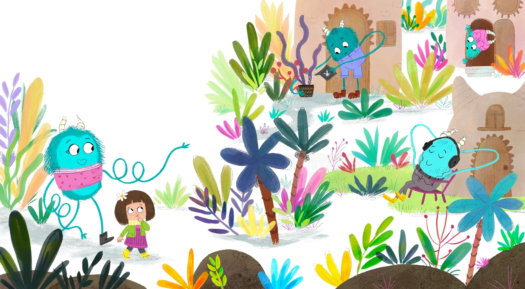 Ilustración del Dalia Awad de coloridas criaturas explorando un exuberante y caprichoso jardín.