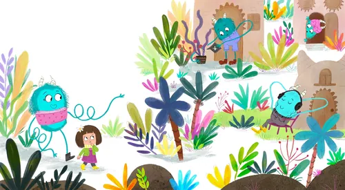 Ilustración del Dalia Awad de coloridas criaturas explorando un exuberante y caprichoso jardín.