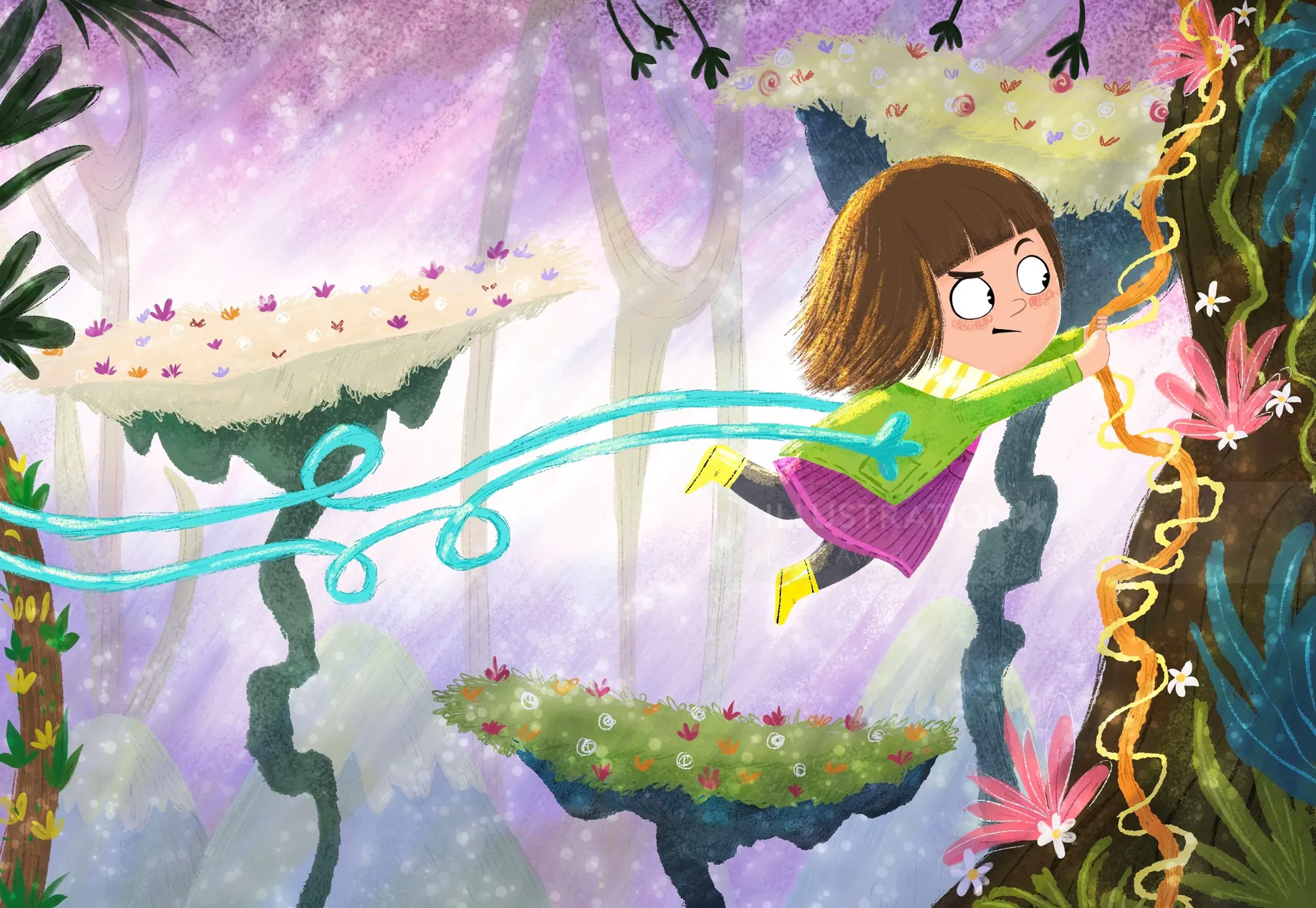 Ilustración del Dalia Awad de una niña columpiándose en un colorido bosque encantado.