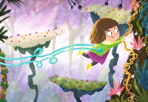 Ilustración del Dalia Awad de una niña columpiándose en un colorido bosque encantado.