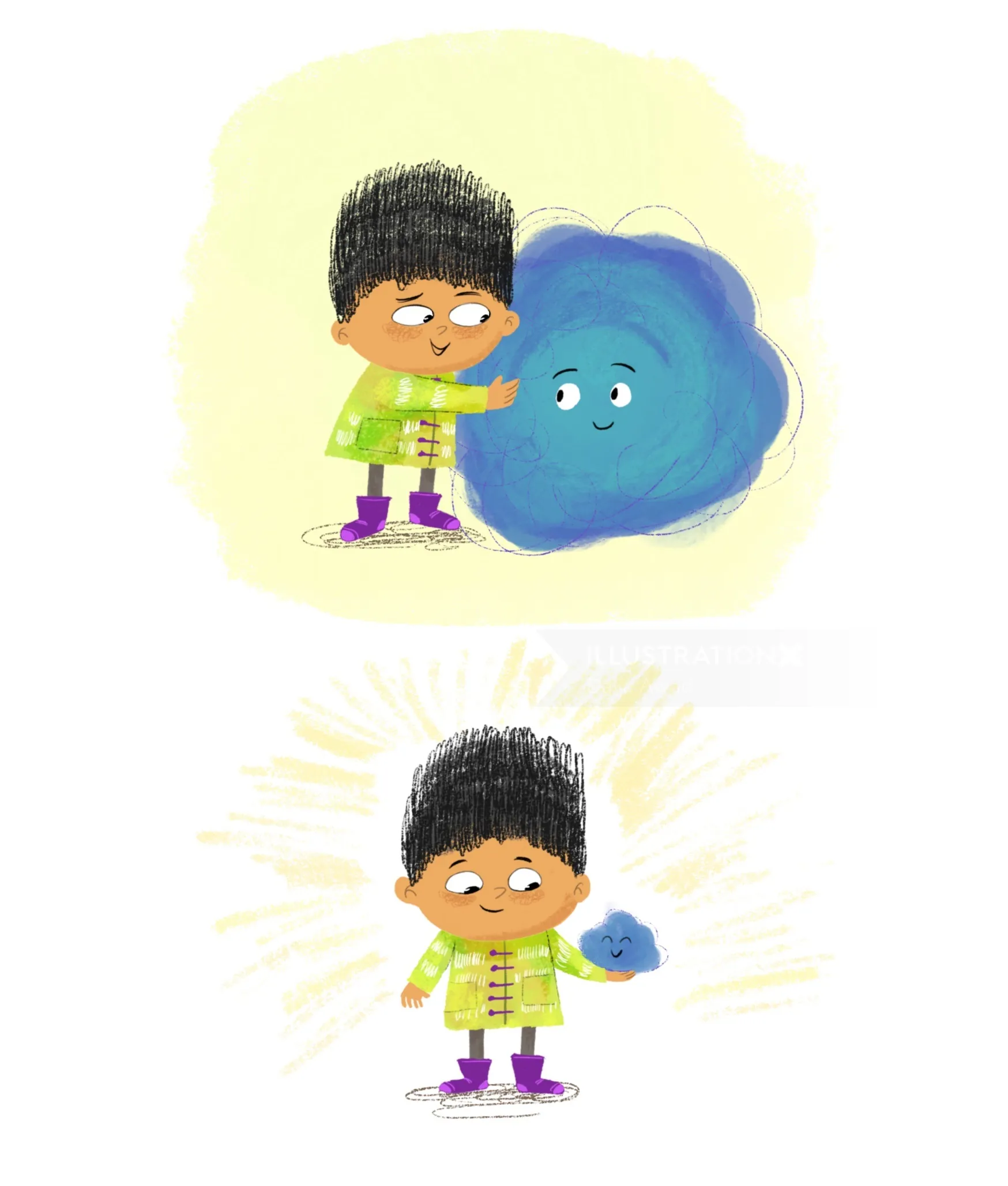 Ilustración de un niño con un monstruo azul amigable (Dalia Awad)