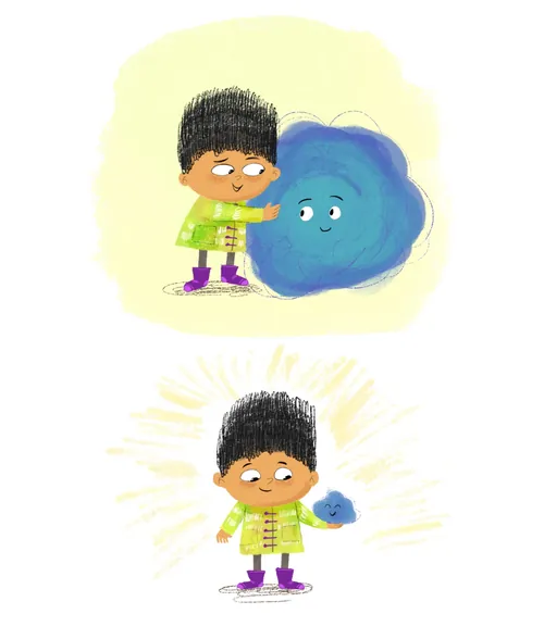 Ilustración de un niño con un monstruo azul amigable (Dalia Awad)