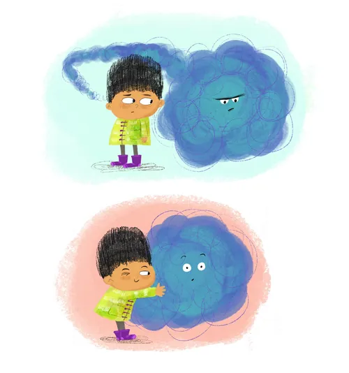 Ilustración del Dalia Awad de un niño conociendo a una criatura de nube azul.