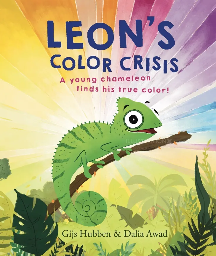 Portada del libro "La crisis del color de Leon" por Dalia Awad, que muestra un camaleón verde en la jungla.