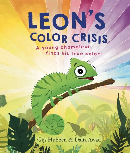 Portada del libro "La crisis del color de Leon" por Dalia Awad, que muestra un camaleón verde en la jungla.