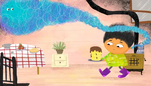 Ilustração de Dalia Awad de uma criança caminhando por uma sala colorida.