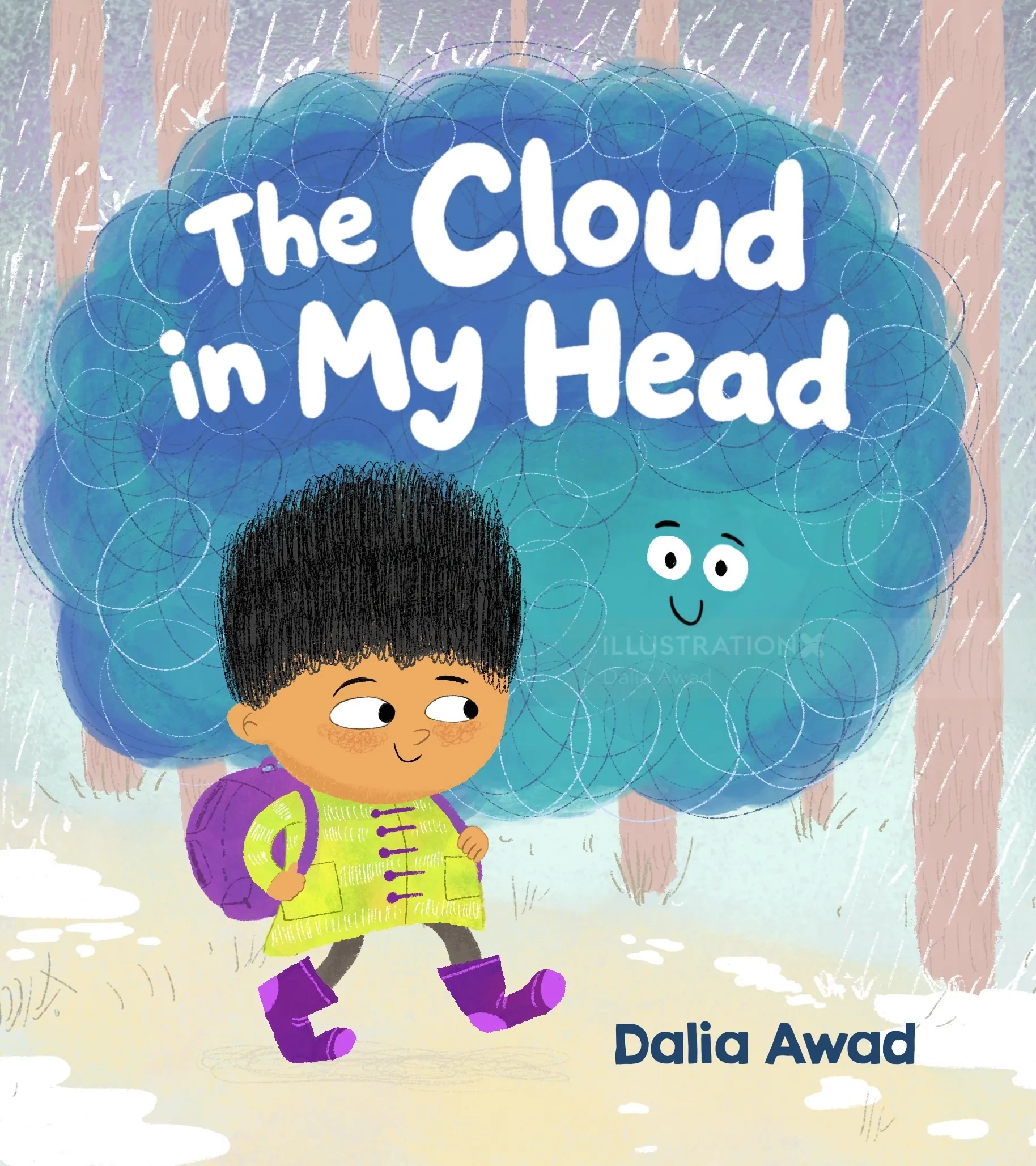 Book cover of The Cloud in My Head by Dalia Awad, with a child and blue thought cloud.