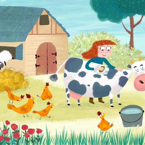 Dalia Awad illustration of a child riding a spotted cow on a farm