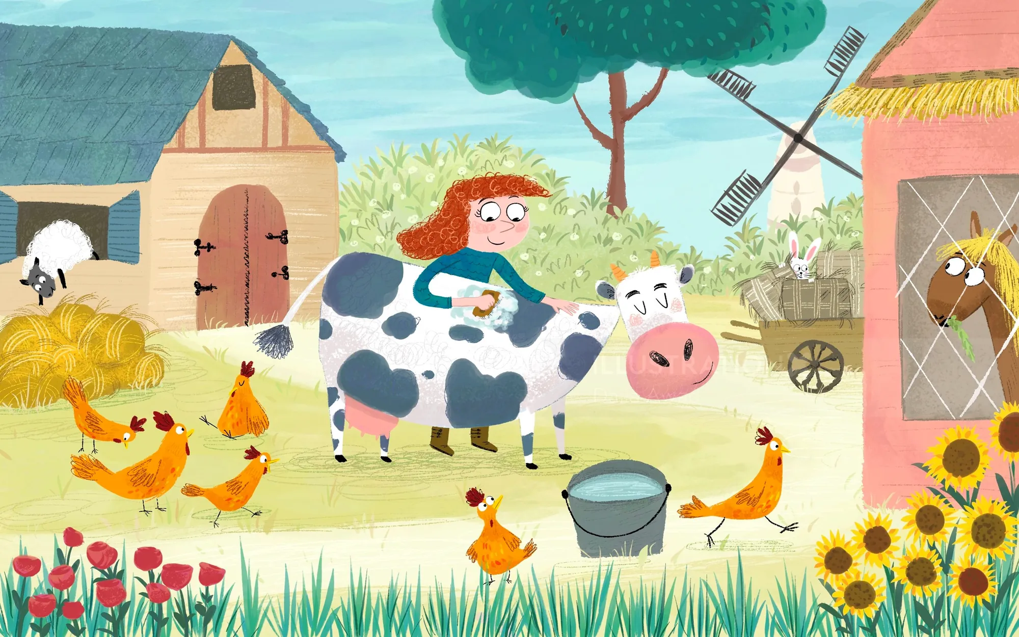 Dalia Awad illustration of a child riding a spotted cow on a farm