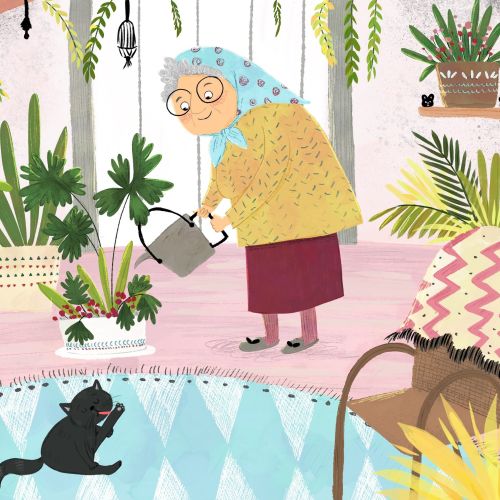 Dalia Awad illustration of an elderly woman watering plants beside a black cat