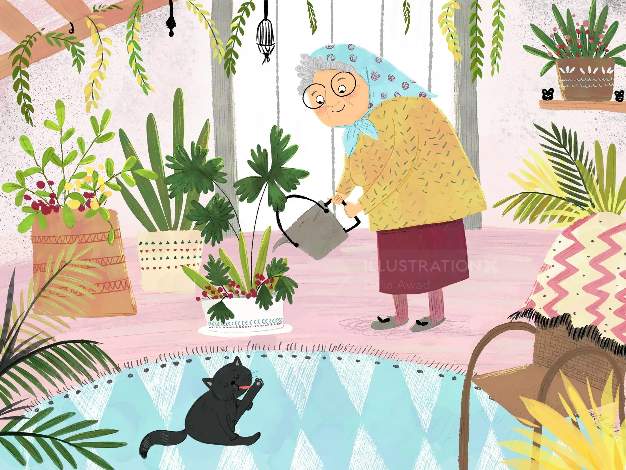 Dalia Awad illustration of an elderly woman watering plants beside a black cat