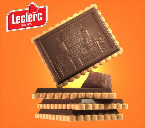 Ilustración publicitaria de galletas de chocolate con leche Leclerc
