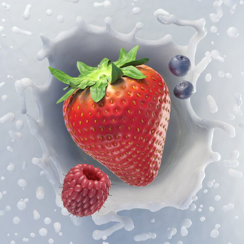 Imágenes digitales de leche y frutas.