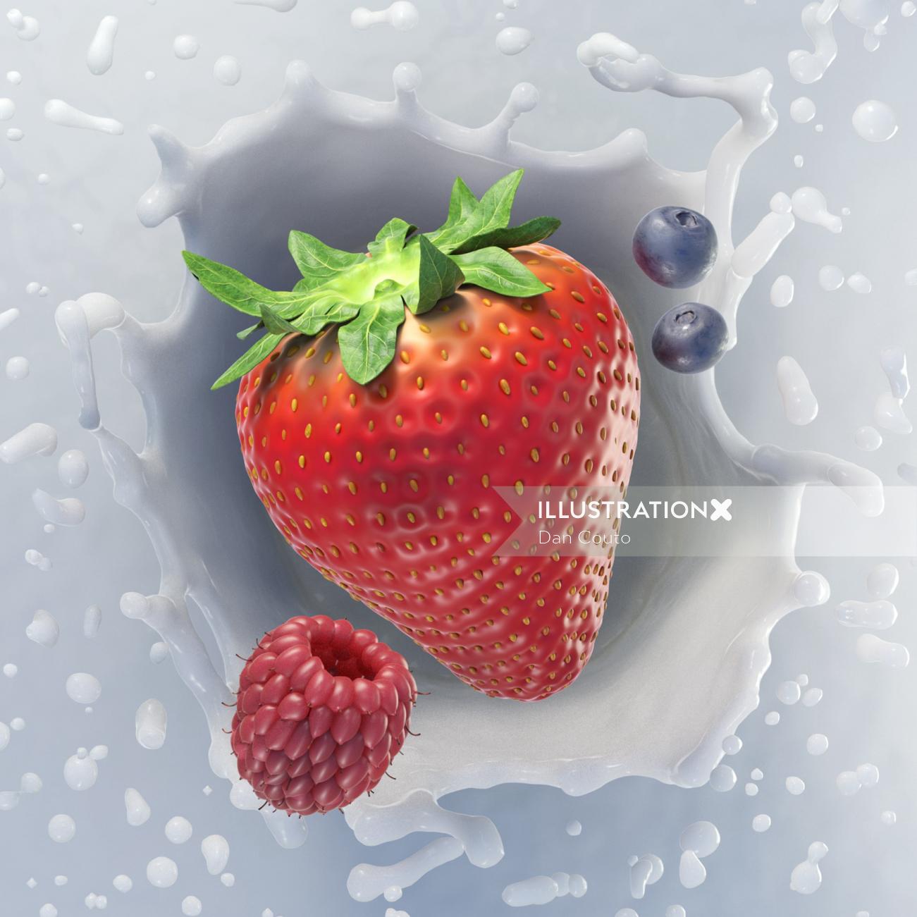 牛乳と果物のデジタル画像