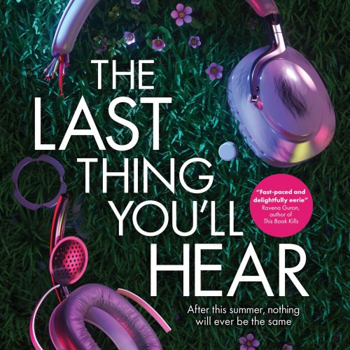 Pink headphones on grass with flowers and book title text