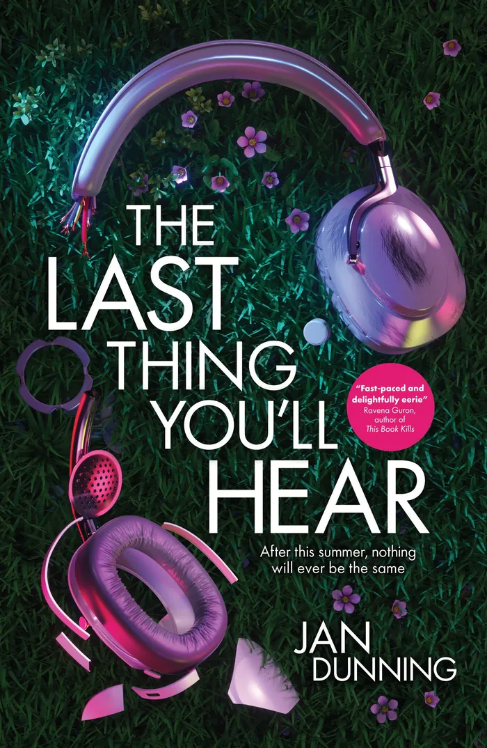 Pink headphones on grass with flowers and book title text