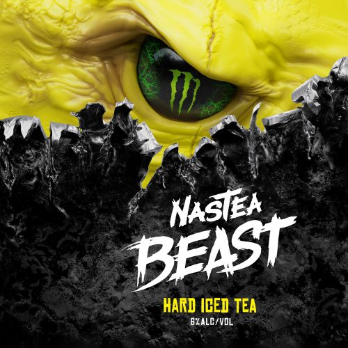 Yellow monster eye with Monster NasTea Beast hard iced tea text