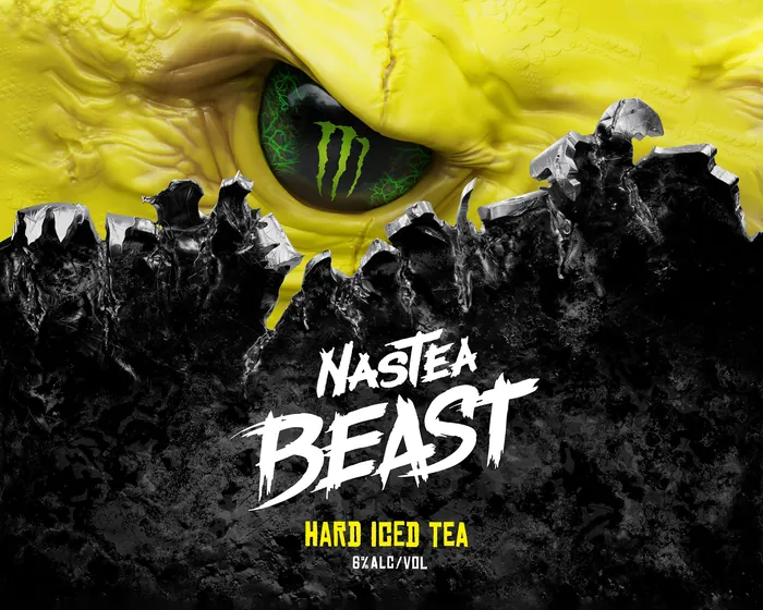 Yellow monster eye with Monster NasTea Beast hard iced tea text