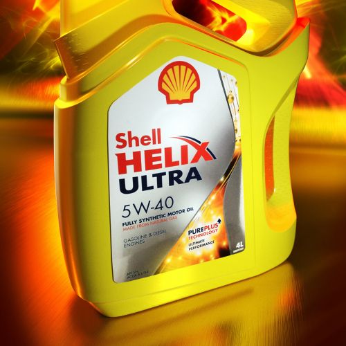 Yellow Shell Helix Ultra 5W-40 motor oil container
