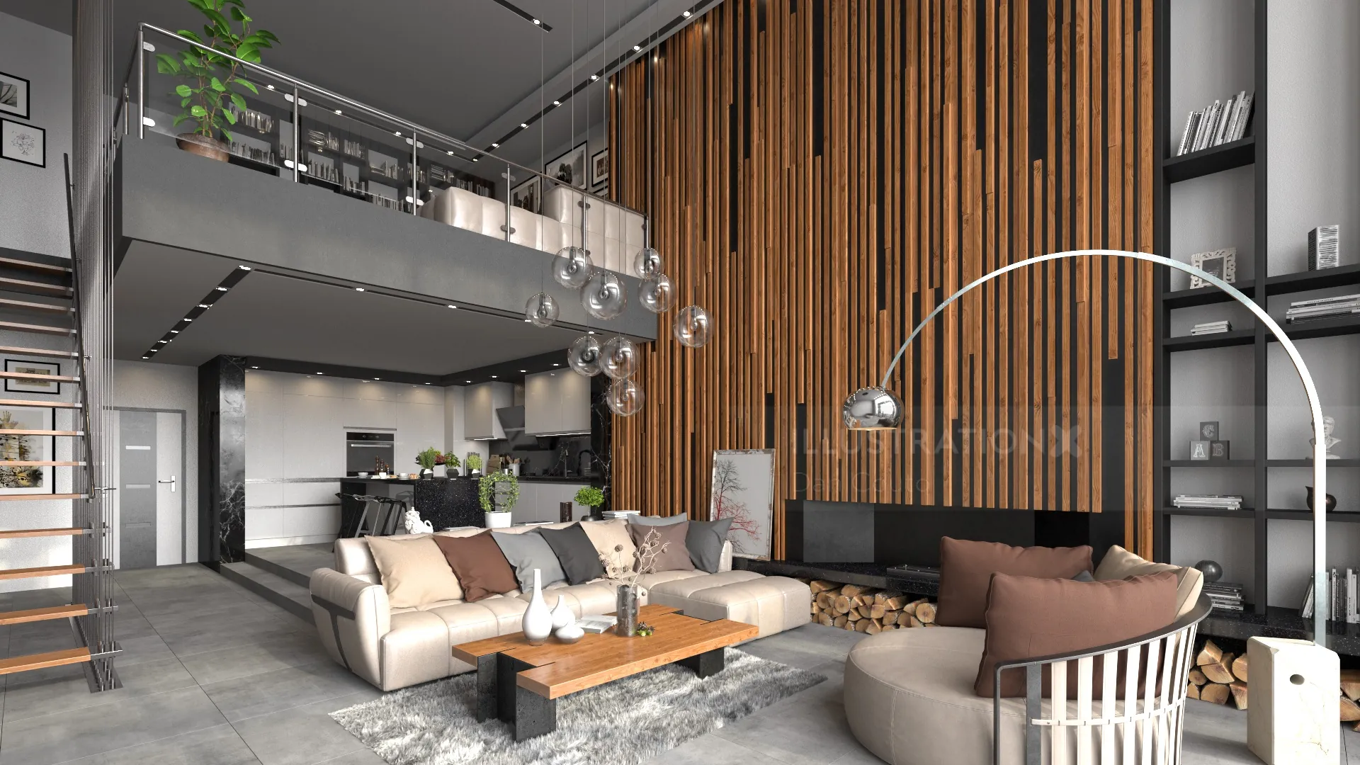 Modern living room with wooden panel wall and stylish furniture