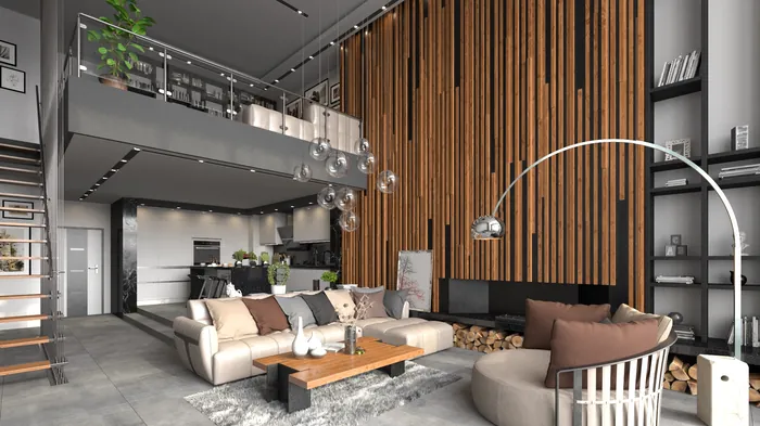 Modern living room with wooden panel wall and stylish furniture