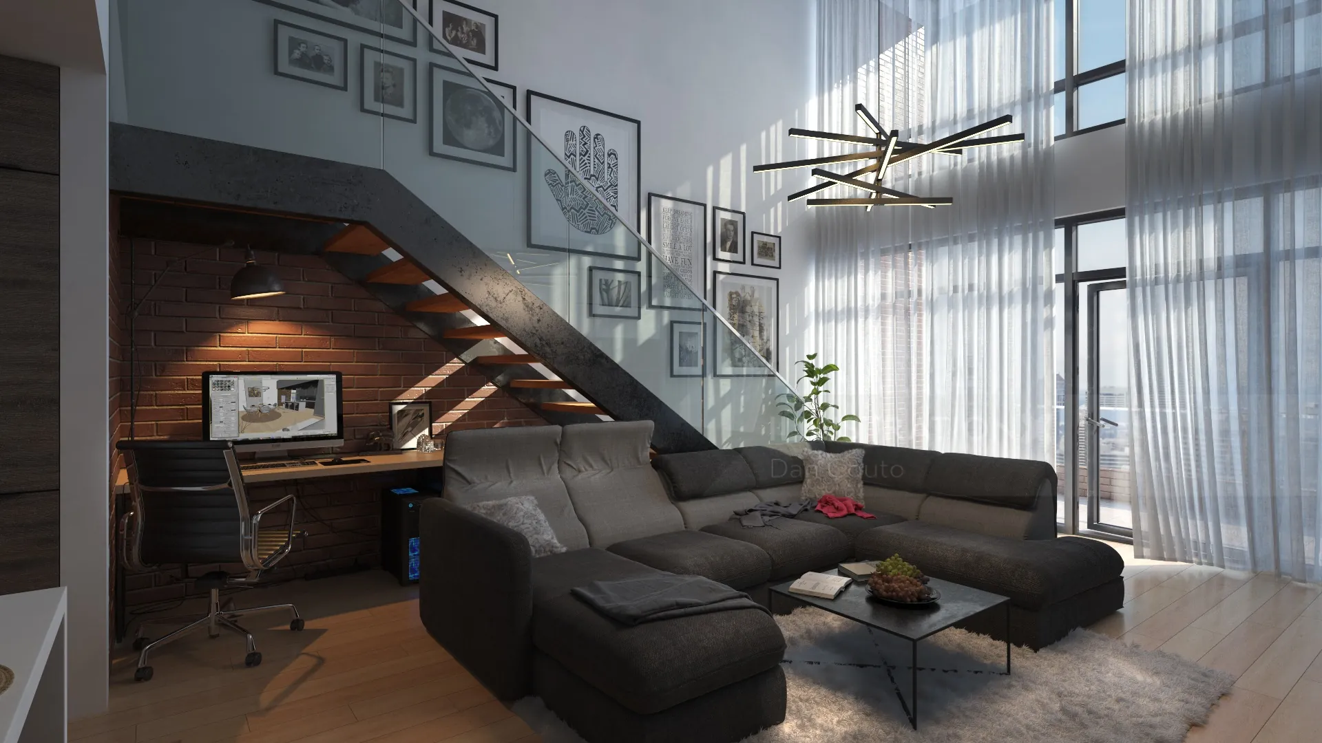 Modern living room with dark sectional sofa and decorative staircase