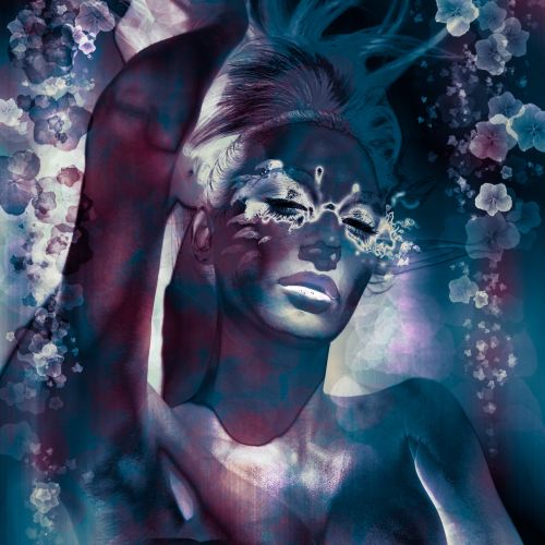 Artistic solarized portrait of a person with floral elements