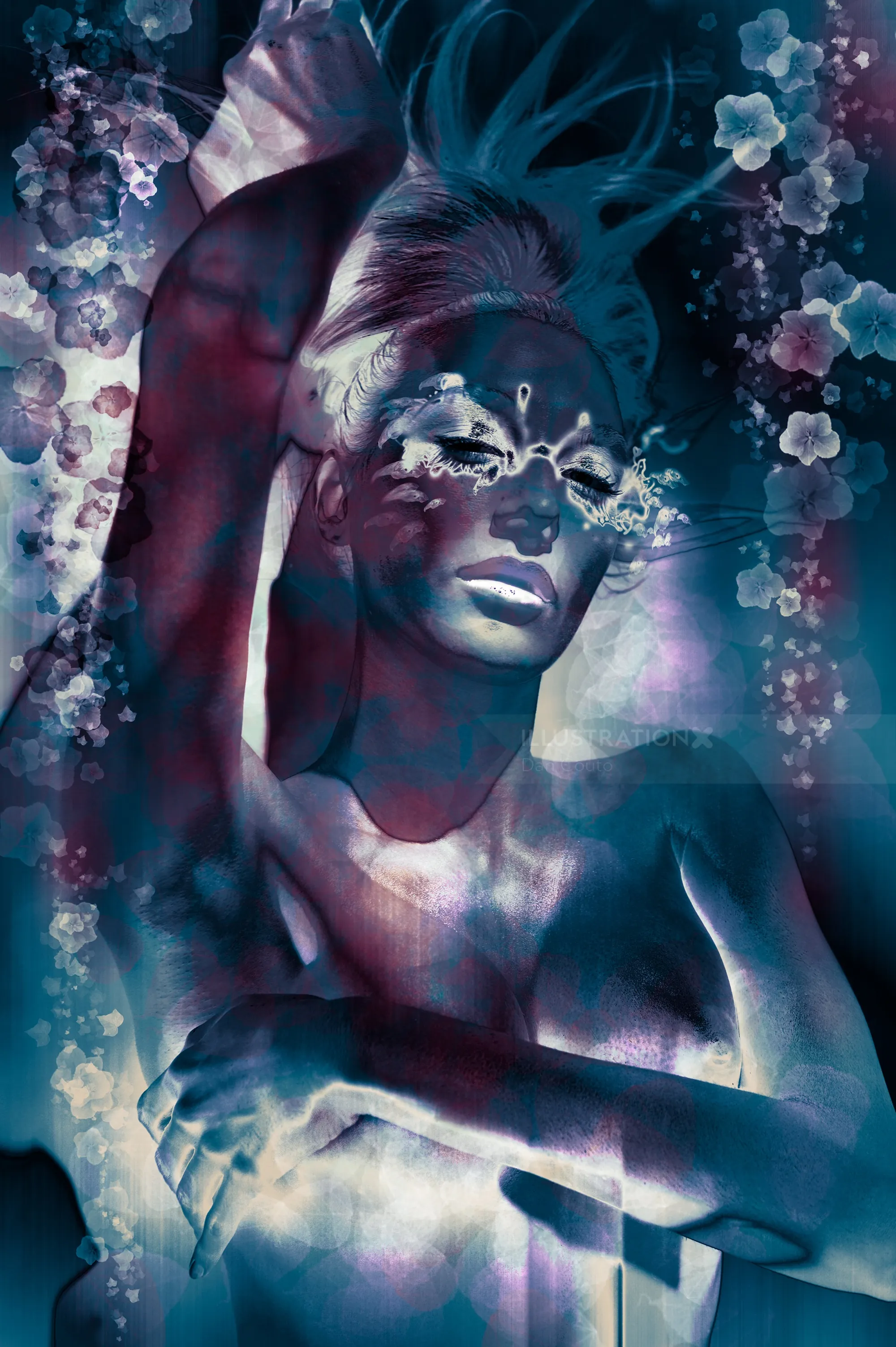 Artistic solarized portrait of a person with floral elements