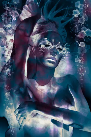 Artistic solarized portrait of a person with floral elements