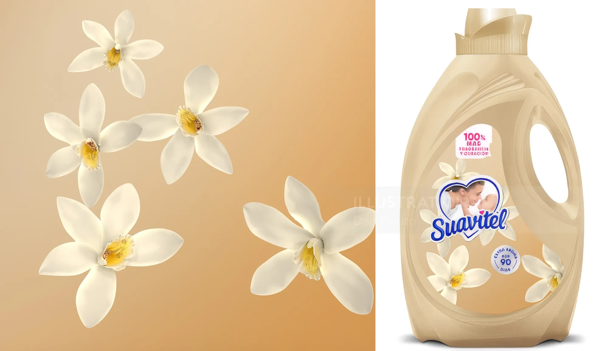 Suavitel fabric softener bottle with white flowers on beige background