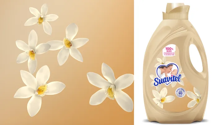 Suavitel fabric softener bottle with white flowers on beige background