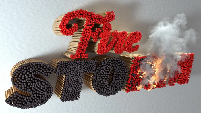 3D text Firestorm made of matches with fire and smoke on letters