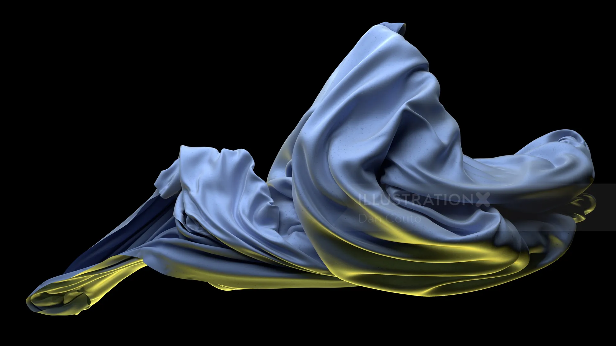 3D rendering of flowing blue fabric with yellow highlights on black background