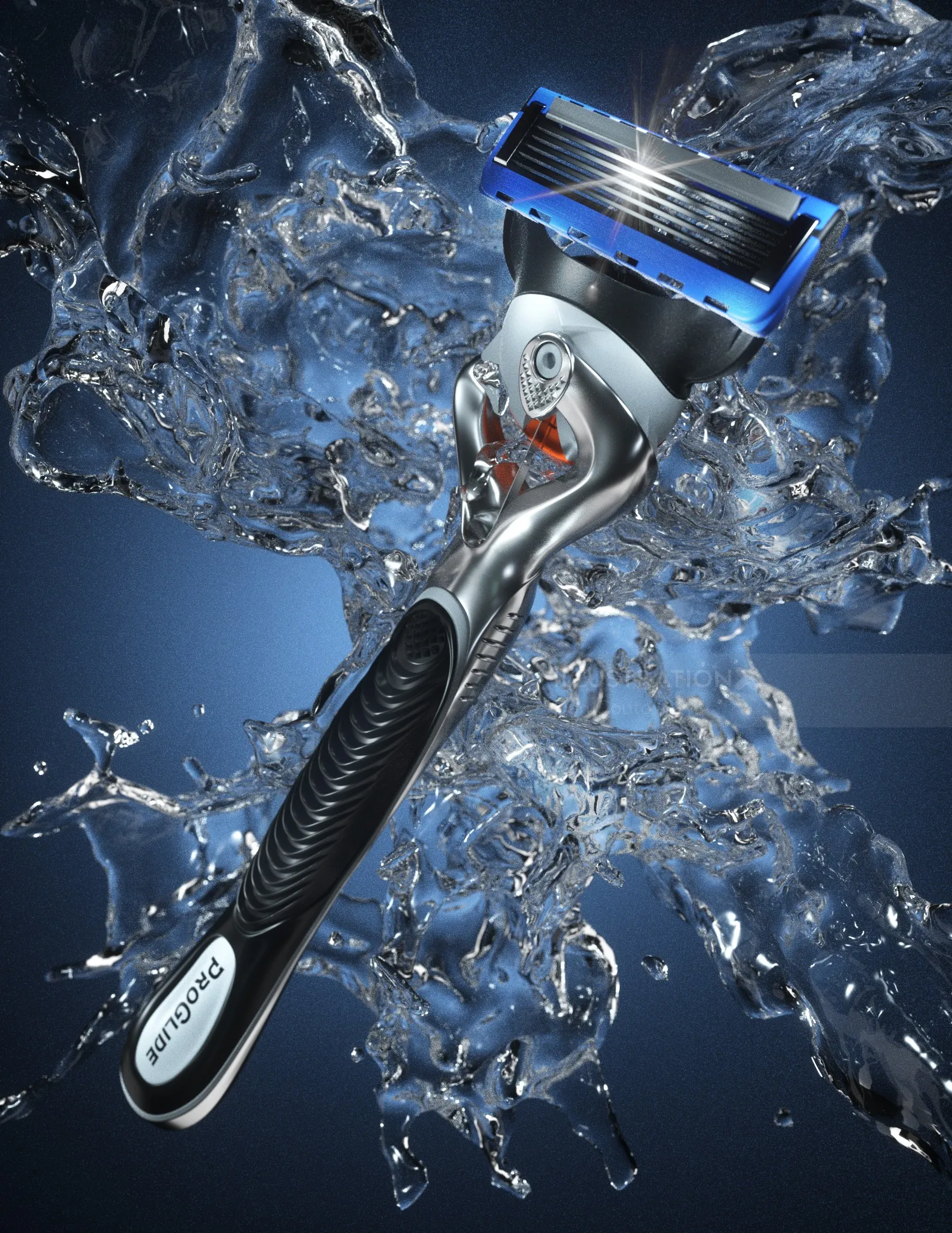 Gillette ProGlide razor with water splash background
